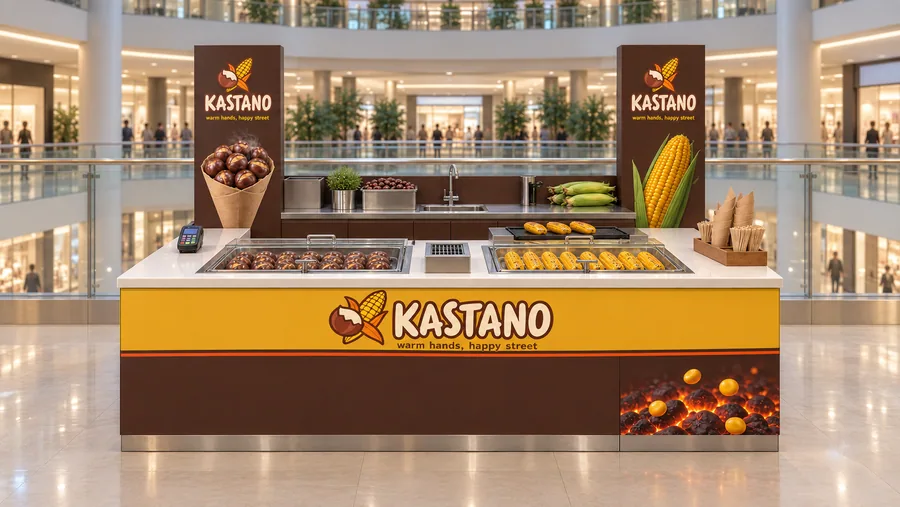 KASTANO counter-type kiosk in front of a balcony — front view, roasted chestnuts in paper cones and grilled or boiled (AI-assisted 3D visualisation)