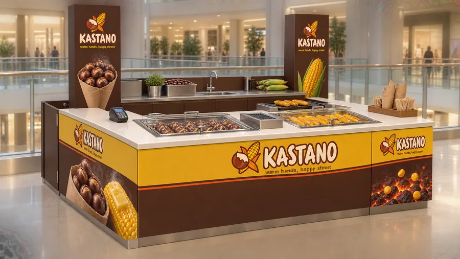 KASTANO counter-type kiosk in front of a balcony — left three-quarter view, roasted chestnuts in paper cones and grilled or boiled (AI-assisted 3D visualisation)