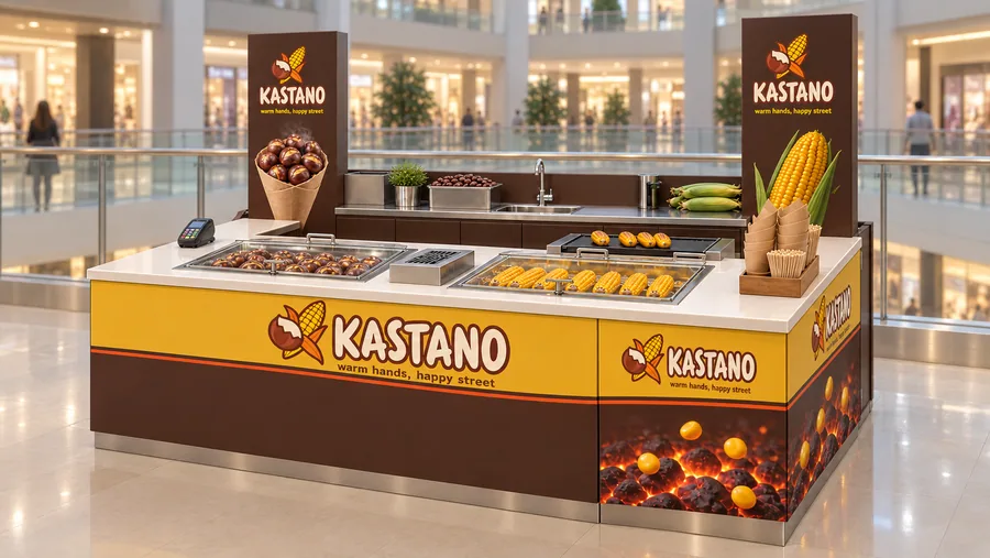KASTANO counter-type kiosk in front of a balcony — right three-quarter view, roasted chestnuts in paper cones and grilled or boiled (AI-assisted 3D visualisation)