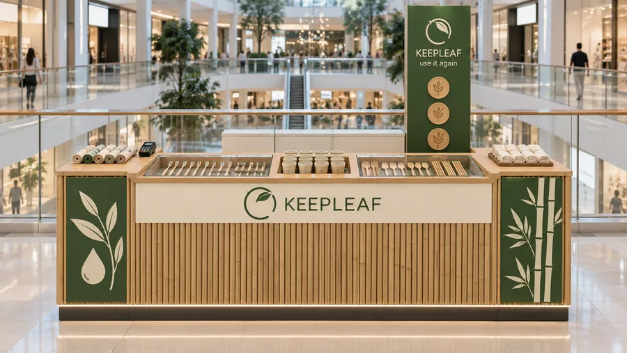 KEEPLEAF counter-type kiosk in front of a balcony — front view, reusable eco products (AI-assisted 3D visualisation)