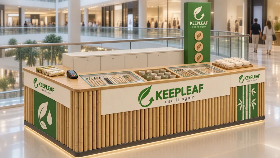 KEEPLEAF counter-type kiosk in front of a balcony — left three-quarter view, reusable eco products (AI-assisted 3D visualisation)