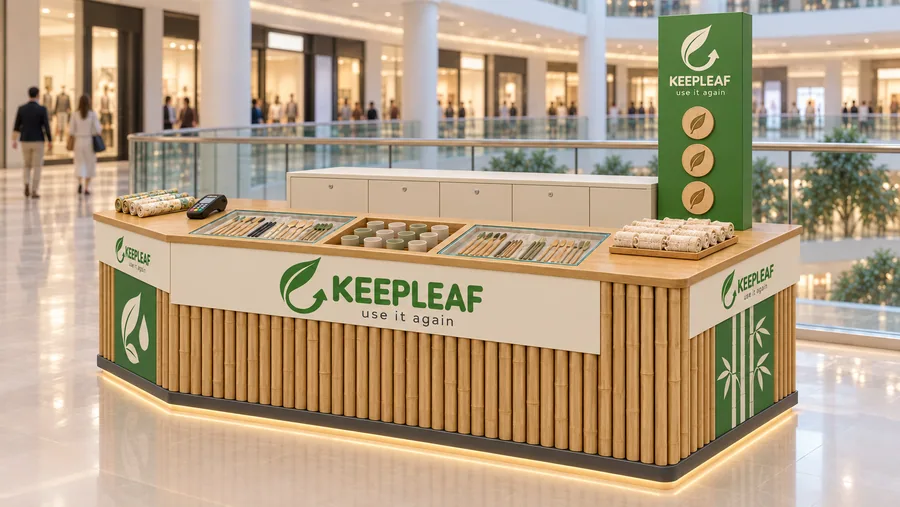 KEEPLEAF counter-type kiosk in front of a balcony — right three-quarter view, reusable eco products (AI-assisted 3D visualisation)