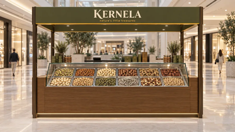 KERNELA crowned island kiosk — front view, roasted nuts and dried fruit sold by weight (AI-assisted 3D visualisation)