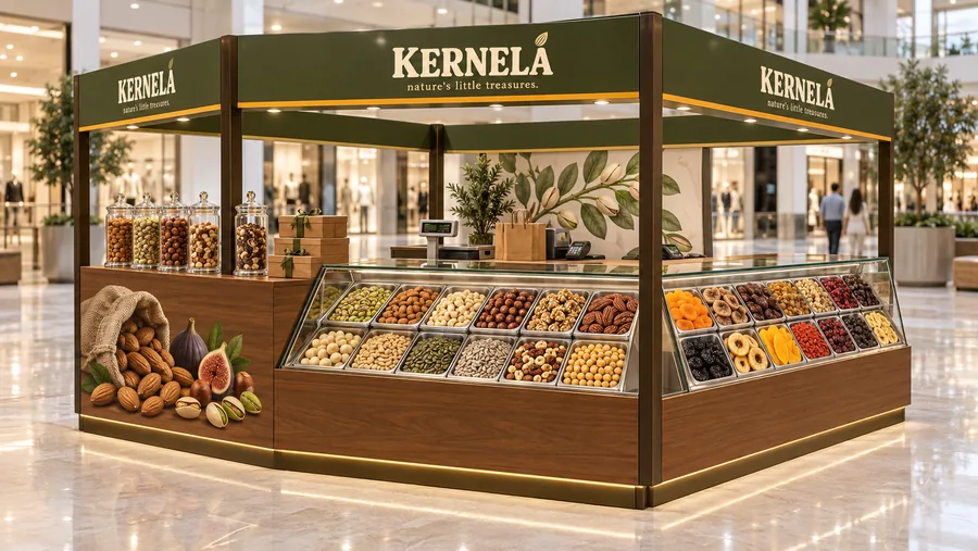 KERNELA crowned island kiosk — left three-quarter view, roasted nuts and dried fruit sold by weight (AI-assisted 3D visualisation)