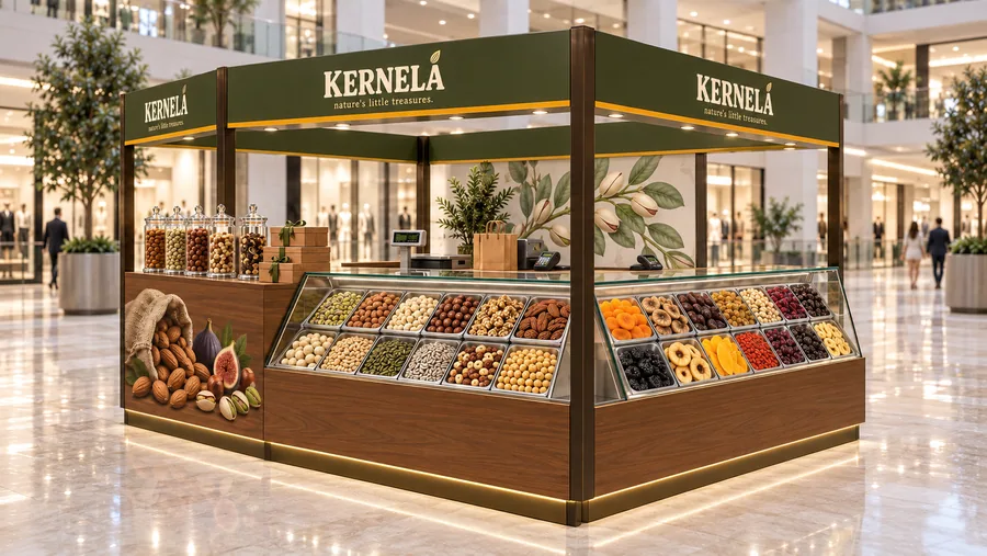 KERNELA crowned island kiosk — right three-quarter view, roasted nuts and dried fruit sold by weight (AI-assisted 3D visualisation)