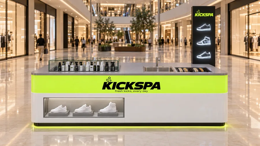 KICKSPA counter-type island kiosk — front view, sneaker cleaning while you shop (AI-assisted 3D visualisation)
