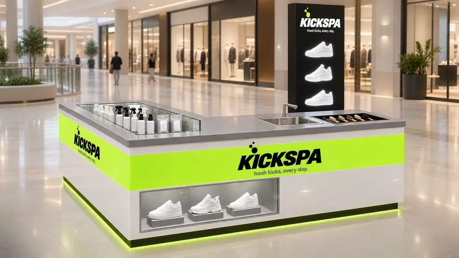 KICKSPA counter-type island kiosk — left three-quarter view, sneaker cleaning while you shop (AI-assisted 3D visualisation)