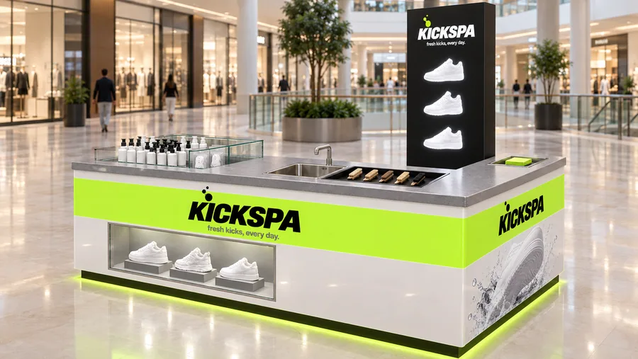 KICKSPA counter-type island kiosk — right three-quarter view, sneaker cleaning while you shop (AI-assisted 3D visualisation)