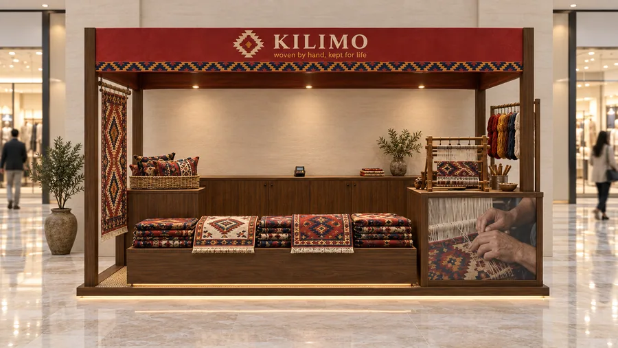 KILIMO crowned kiosk in front of a wall — front view, handmade Turkish kilims (AI-assisted 3D visualisation)