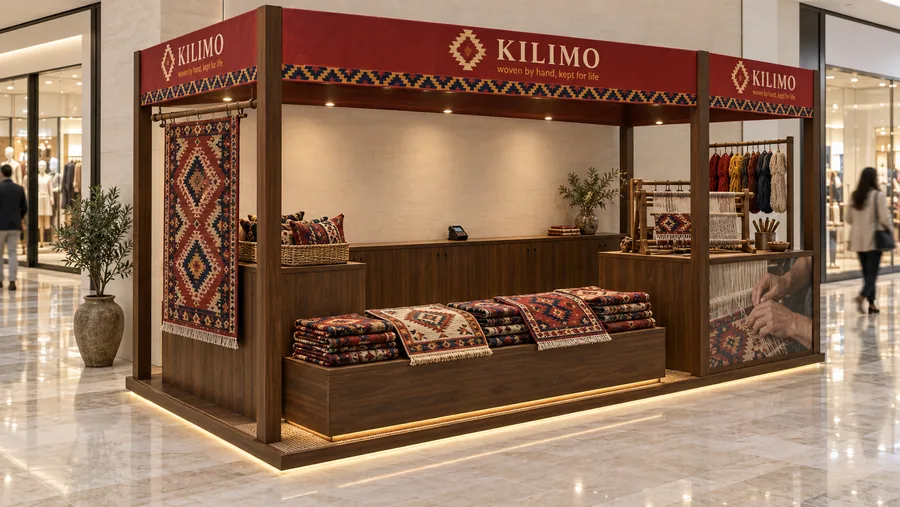 KILIMO crowned kiosk in front of a wall — left three-quarter view, handmade Turkish kilims (AI-assisted 3D visualisation)