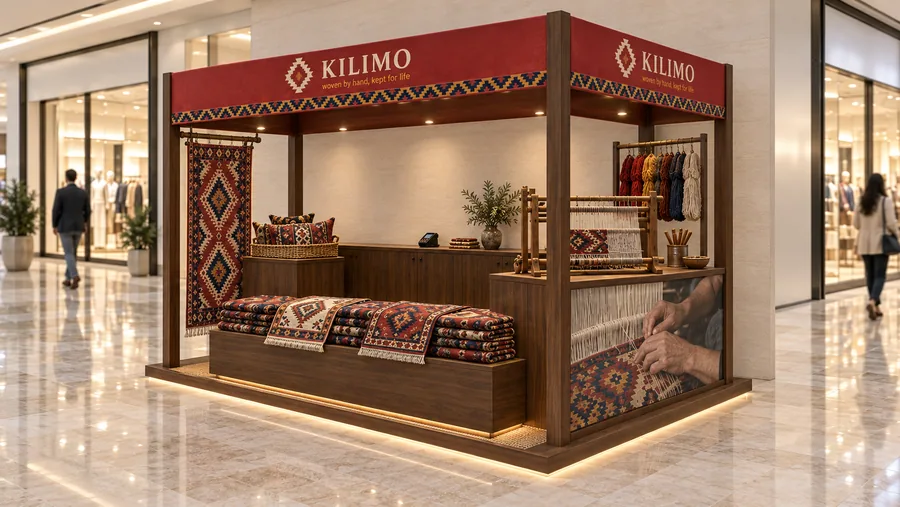 KILIMO crowned kiosk in front of a wall — right three-quarter view, handmade Turkish kilims (AI-assisted 3D visualisation)