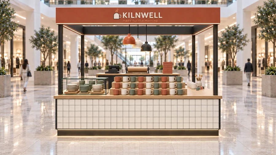 KILNWELL crowned island kiosk — front view, handmade ceramic mugs (AI-assisted 3D visualisation)