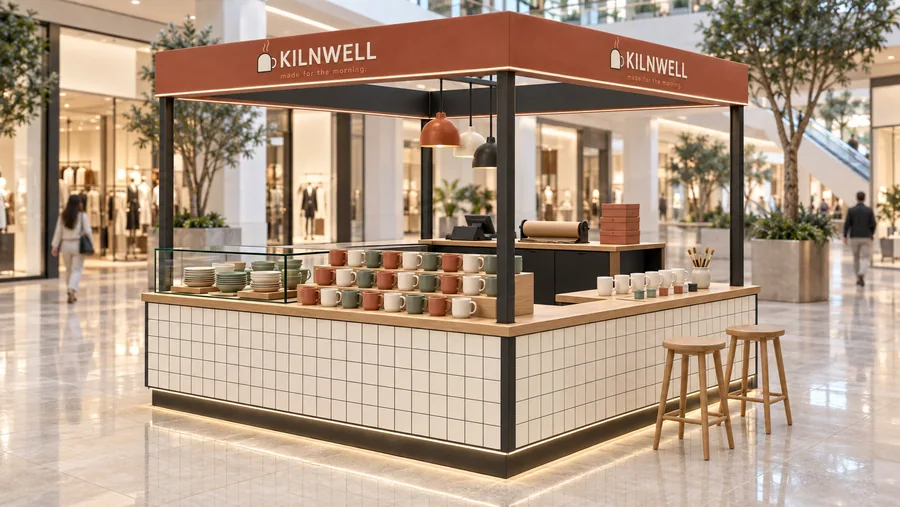 KILNWELL crowned island kiosk — left three-quarter view, handmade ceramic mugs (AI-assisted 3D visualisation)