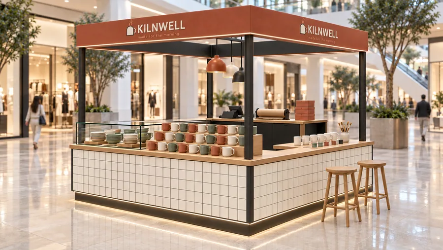 KILNWELL crowned island kiosk — right three-quarter view, handmade ceramic mugs (AI-assisted 3D visualisation)