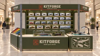 KITFORGE — كشك متوّج أمام جدار (تصور ثلاثي الأبعاد بمساعدة الذكاء الاصطناعي)