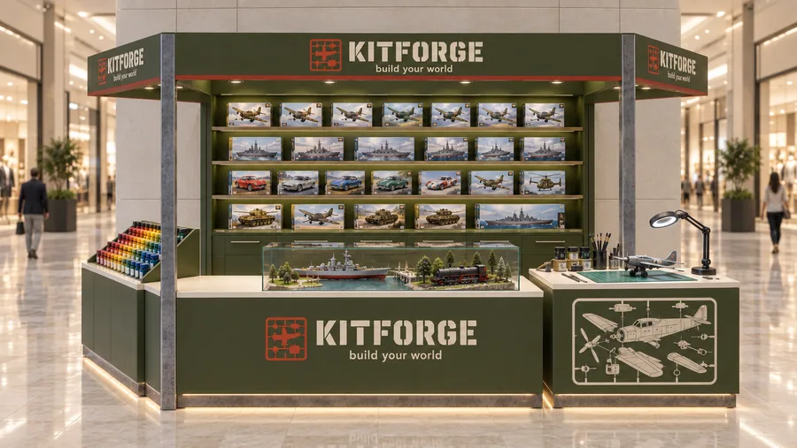 KITFORGE crowned kiosk in front of a wall — front view, scale model kits (planes (AI-assisted 3D visualisation)