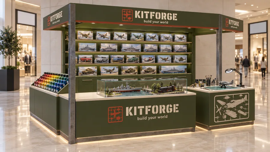 KITFORGE crowned kiosk in front of a wall — left three-quarter view, scale model kits (planes (AI-assisted 3D visualisation)