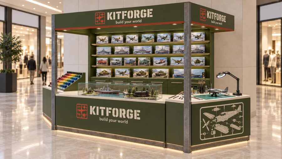 KITFORGE crowned kiosk in front of a wall — right three-quarter view, scale model kits (planes (AI-assisted 3D visualisation)