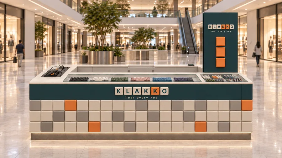 KLAKKO counter-type island kiosk — front view, mechanical keyboards (AI-assisted 3D visualisation)