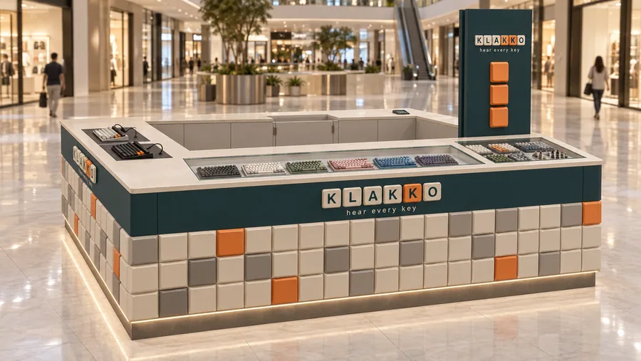 KLAKKO counter-type island kiosk — left three-quarter view, mechanical keyboards (AI-assisted 3D visualisation)