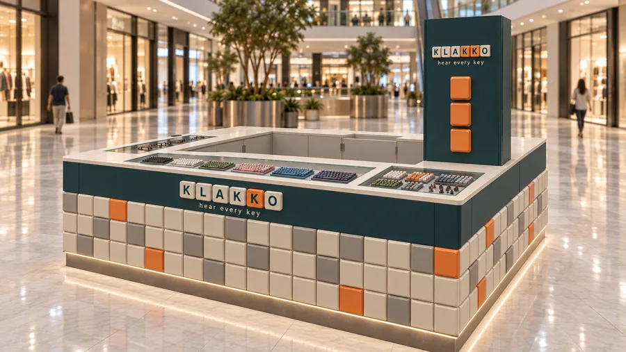KLAKKO counter-type island kiosk — right three-quarter view, mechanical keyboards (AI-assisted 3D visualisation)