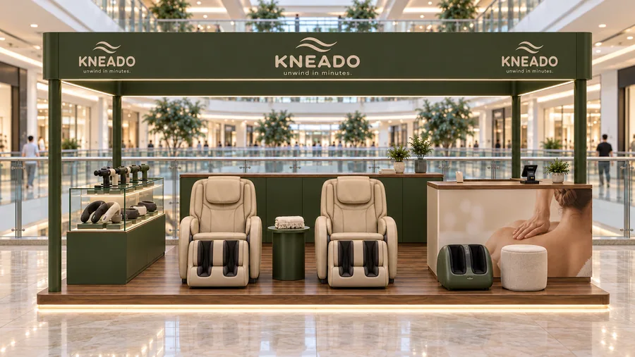 KNEADO crowned kiosk in front of a balcony — front view, massage chairs and personal wellness devices (AI-assisted 3D visualisation)