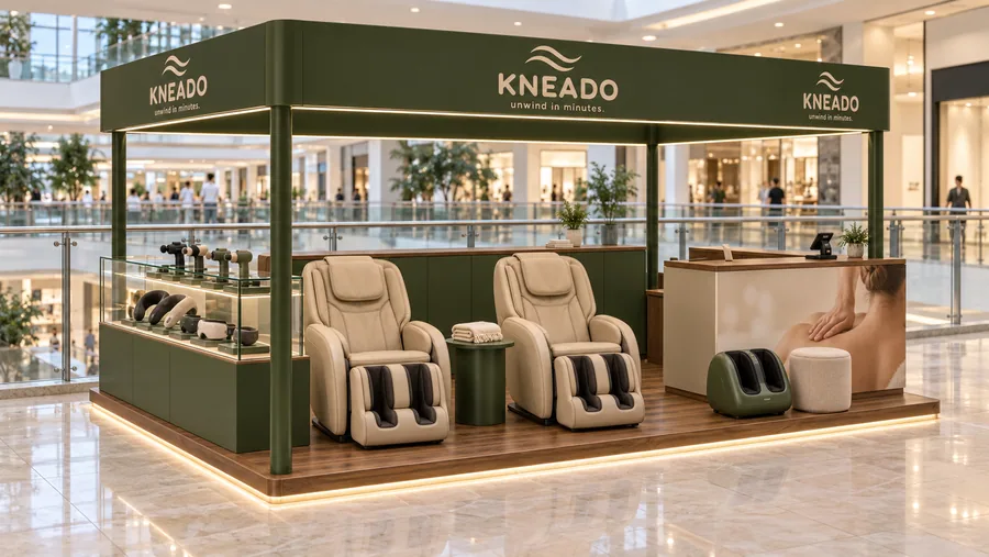 KNEADO crowned kiosk in front of a balcony — left three-quarter view, massage chairs and personal wellness devices (AI-assisted 3D visualisation)