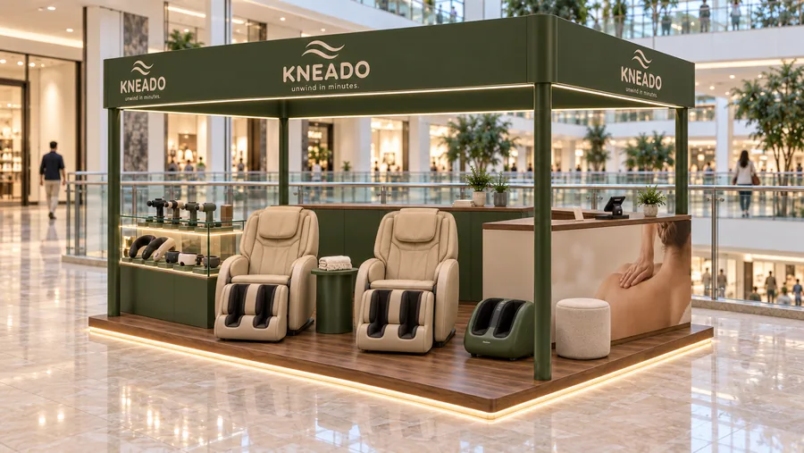 KNEADO crowned kiosk in front of a balcony — right three-quarter view, massage chairs and personal wellness devices (AI-assisted 3D visualisation)