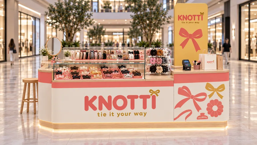 KNOTTI counter-type island kiosk — front view, hair accessories (AI-assisted 3D visualisation)