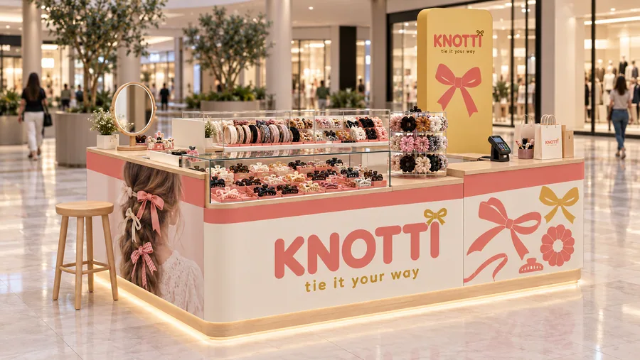 KNOTTI counter-type island kiosk — left three-quarter view, hair accessories (AI-assisted 3D visualisation)