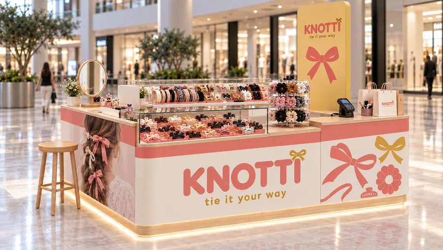 KNOTTI counter-type island kiosk — right three-quarter view, hair accessories (AI-assisted 3D visualisation)