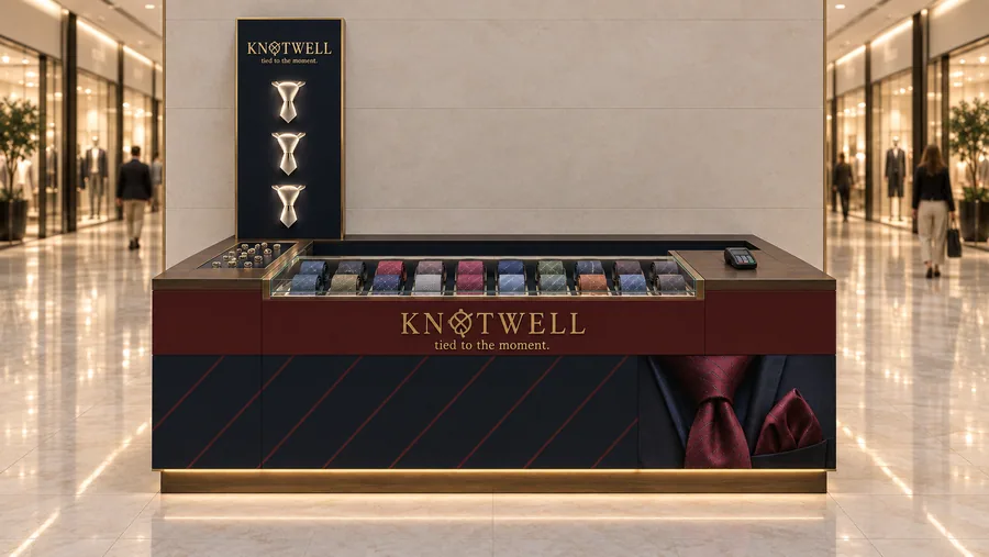 KNOTWELL counter-type kiosk in front of a wall — front view, silk ties (AI-assisted 3D visualisation)