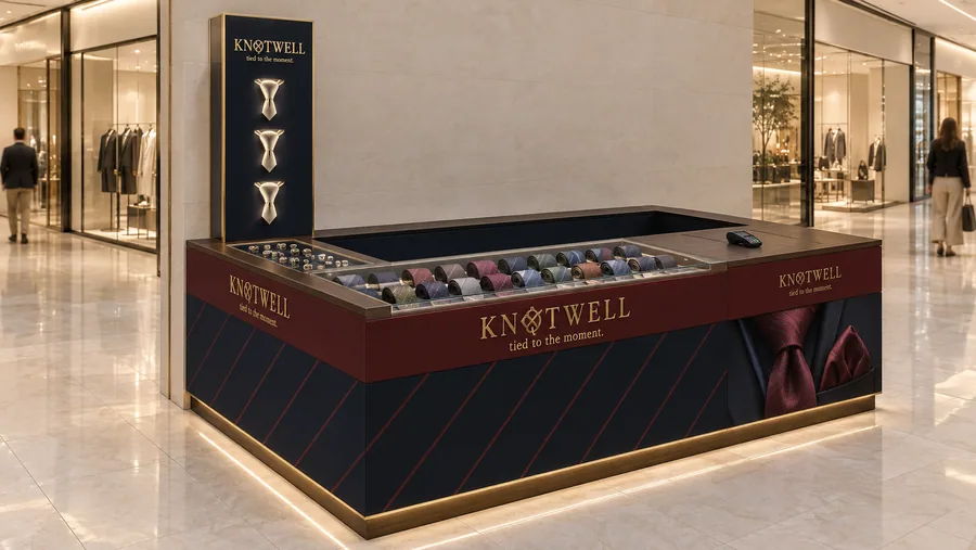 KNOTWELL counter-type kiosk in front of a wall — left three-quarter view, silk ties (AI-assisted 3D visualisation)
