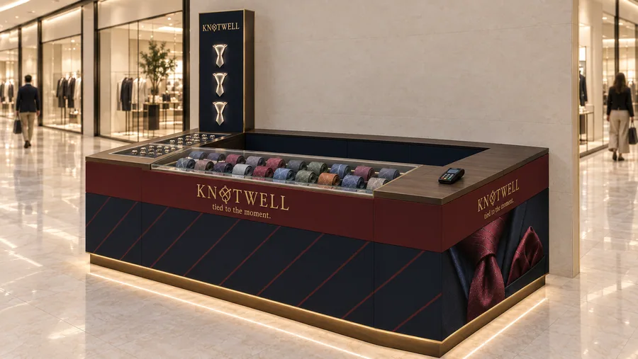 KNOTWELL counter-type kiosk in front of a wall — right three-quarter view, silk ties (AI-assisted 3D visualisation)