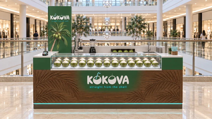 KOKOVA counter-type kiosk in front of a balcony — front view, fresh young coconuts opened to order and served with a (AI-assisted 3D visualisation)