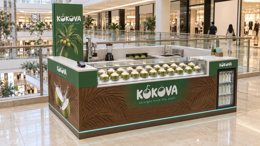 KOKOVA counter-type kiosk in front of a balcony — left three-quarter view, fresh young coconuts opened to order and served with a (AI-assisted 3D visualisation)