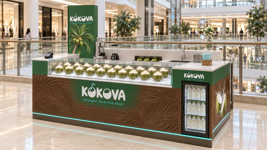 KOKOVA counter-type kiosk in front of a balcony — right three-quarter view, fresh young coconuts opened to order and served with a (AI-assisted 3D visualisation)