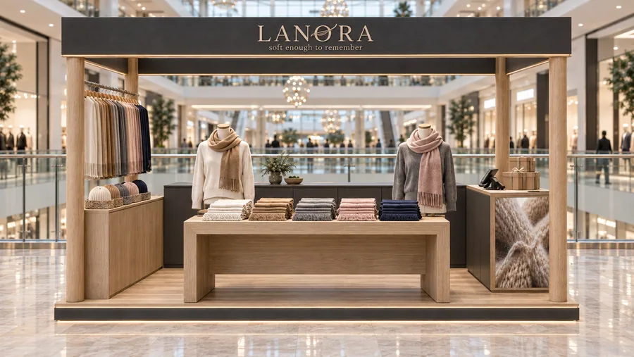 LANORA crowned kiosk in front of a balcony — front view, cashmere and fine wool scarves (AI-assisted 3D visualisation)
