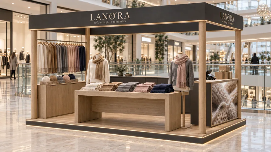 LANORA crowned kiosk in front of a balcony — left three-quarter view, cashmere and fine wool scarves (AI-assisted 3D visualisation)
