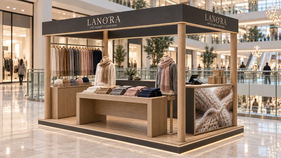 LANORA crowned kiosk in front of a balcony — right three-quarter view, cashmere and fine wool scarves (AI-assisted 3D visualisation)