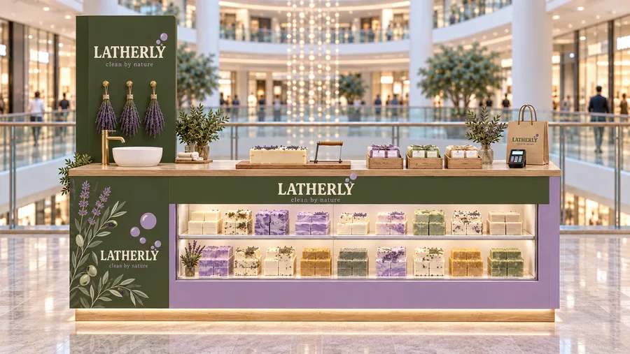 LATHERLY counter-type kiosk in front of a balcony — front view, handmade soap bars cut to order (AI-assisted 3D visualisation)