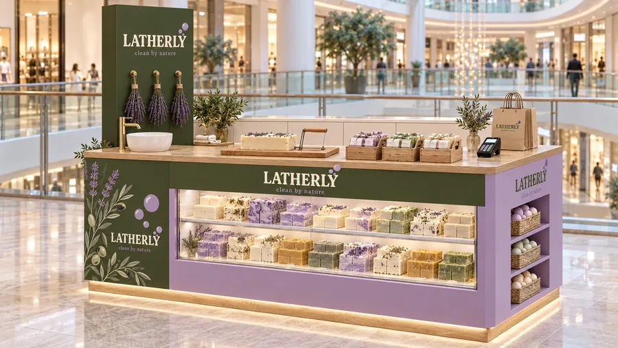 LATHERLY counter-type kiosk in front of a balcony — left three-quarter view, handmade soap bars cut to order (AI-assisted 3D visualisation)