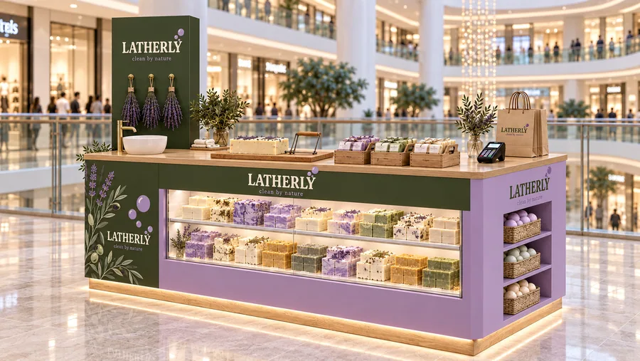 LATHERLY counter-type kiosk in front of a balcony — right three-quarter view, handmade soap bars cut to order (AI-assisted 3D visualisation)