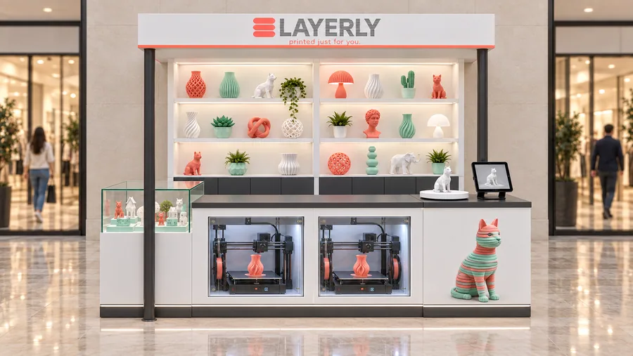 LAYERLY crowned kiosk in front of a wall — front view, 3D-printed personalised gifts (AI-assisted 3D visualisation)