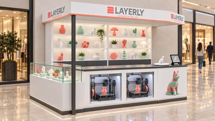 LAYERLY crowned kiosk in front of a wall — left three-quarter view, 3D-printed personalised gifts (AI-assisted 3D visualisation)