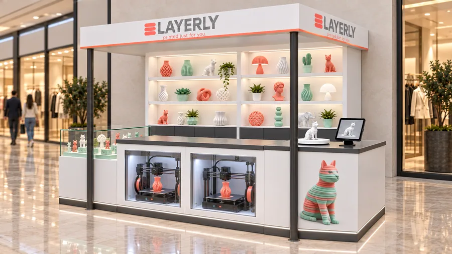 LAYERLY crowned kiosk in front of a wall — right three-quarter view, 3D-printed personalised gifts (AI-assisted 3D visualisation)