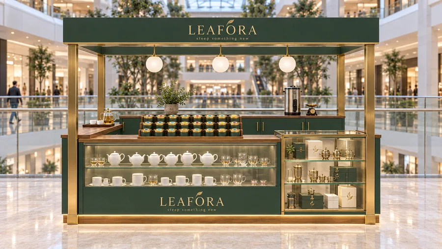 LEAFORA crowned kiosk in front of a balcony — front view, loose-leaf tea and herbal infusions sold by weight (AI-assisted 3D visualisation)