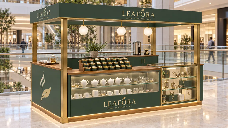 LEAFORA crowned kiosk in front of a balcony — left three-quarter view, loose-leaf tea and herbal infusions sold by weight (AI-assisted 3D visualisation)