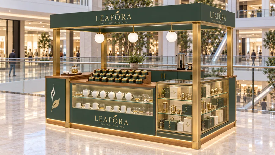 LEAFORA crowned kiosk in front of a balcony — right three-quarter view, loose-leaf tea and herbal infusions sold by weight (AI-assisted 3D visualisation)