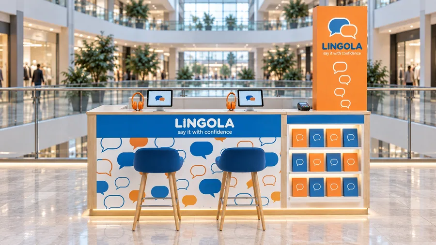 LINGOLA counter-type kiosk in front of a balcony — front view, language school promotion (AI-assisted 3D visualisation)